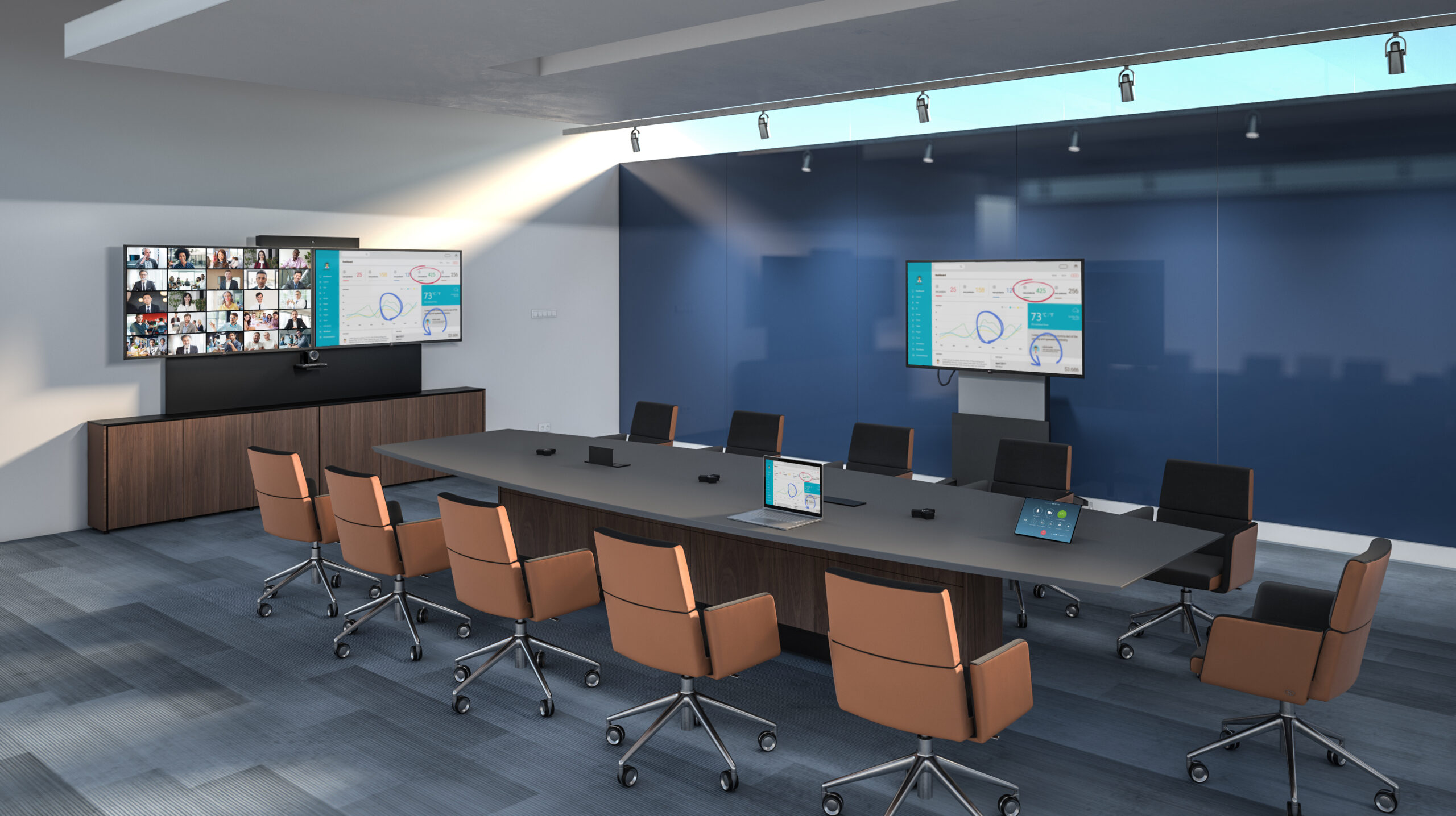 Conference room with multiple displays and video conferencing system